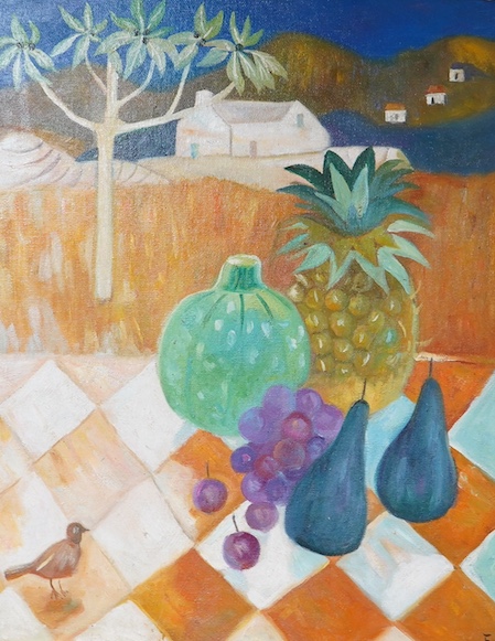 A decorative oil on board, Still life of fruit before an Eastern landscape, 50 x 40cm. Condition - good